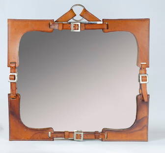 Hermes Paris Magnificent Leather Frame Mirror 17" x 19.3" France: Shipping In - House available