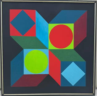 Victor Vasarely (Attributed) Acrylic on Canvas Art 36" x 36" Fr: 38" x 38" NO COA: Shipping In - House available. Victor Vasarely was a Hungarian-French artist, who is widely accepted as a "grandfather" and leader of the Op art movement. His work titled Zebra, created in 1937, is co