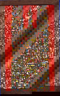Rene Portocarrero (Attributed) Mixed Media on Board Art: 30.5" x 18" ``: Shipping In - House available. Fr: 33"x21" No COA - Rene Portocarrero was a Cuban painter. He is currently considered one of the most outstanding figures of Cuban plastic arts and one of the main arti