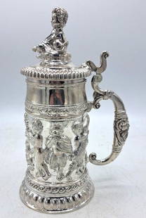 Important Sterling Silver Tankard Mark .925  H: 11" (40 OZ): Shipping In - House available - An Original and Unique silversmithing creation all hand made by the artist from Bolivia with .925 Sterling silver.
