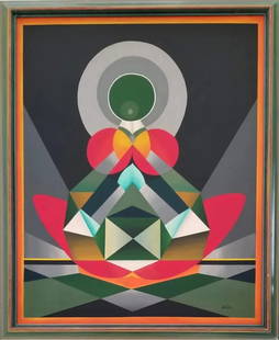 Ghulam Rasool Santosh (Attributed) Acrylic on Canvas Art: 35" x 28": No COA - Shipping In - House available - Ghulam Rasool Santosh (1929 – March 10, 1997), also known as G. R. Santosh, was a Kashmiri painter and poet. He was best known for his themes inspired by Kas