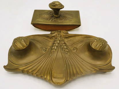 Art Nouveau Bronze Inkwell 2" x 10" x 6" & Blotter 3" x 6" x 3" France: Shipping In - House available -