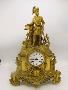 Antique Bronze Figural Clock w/ Musketeer H: 19" W: 15" D: 4": France 1880 Shipping In - House available -