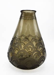 Daum Nancy Art Deco Glass Vase H: 13" Diam: 8" France: Shipping In - House available - Daum is a crystal studio based in Nancy, France, founded in 1878 by Jean Daum (1825-1885). His sons, Auguste Daum (1853-1909) and Antonin Daum (1864-1931), oversaw its