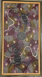 Clifford Possum 1994 (Attributed) Acrylic on Canvas Art: 39.5" x 19.5": No COA - Shipping In - House available - Clifford Possum Tjapaltjarri AO (1932 – 21 June 2002) was an Australian painter, considered to be one of the most collected and renowned Australian Aborigina
