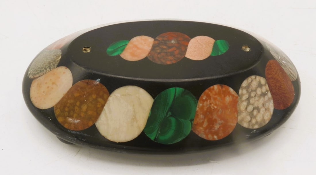 Oval Pietra Dura Paper Weight 7" x 4.8" Italy: Shipping In - House available -Pietra Dura, a Florentine art of the end of the 16th century, at the time of the Medici family, its promoters, is a term for using cut and fitted, highly polished colore