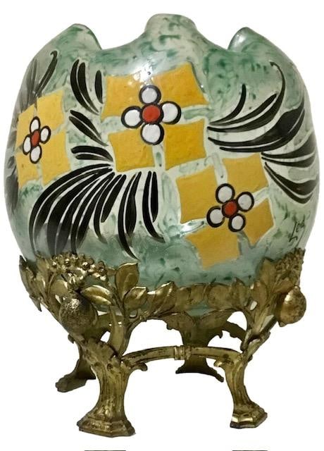 Verrier Legras Enameled Glass Vase w/ Bronze Base H: 11.8" France: Shipping in - House available. Legras. Auguste Legras, an already experienced glass maker, took over the St Denis glassworks in 1864. Legras produced a massive amount of glass in many commercial types