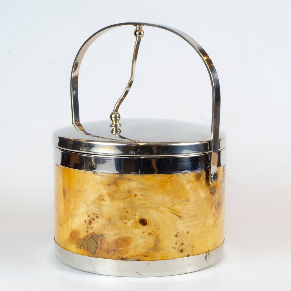 Aldo Tura Style Ice Bucket/ Container H: 10" Diam: 8" Italy: Shipping in - House available. Aldo Tura is an outlier in the world of mid-century furniture. The designer’s glamorous bar carts, coffee tables, cabinets and more resist categorization and draw insp