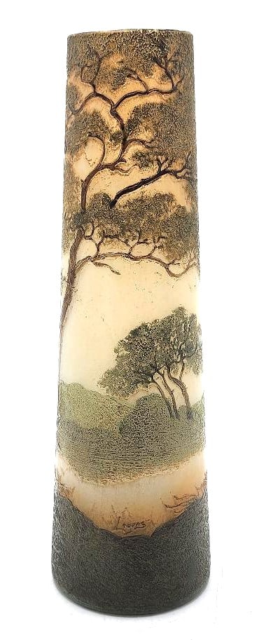 Legras Cameo Glass Vase "Landscape" H: 11" D: 3.5" France: Shipping In - House available. Legras glass is among the great French glassmakers, producing everything from absinthe flasks to exquisite cameo glass and enamelled Monjoye glass