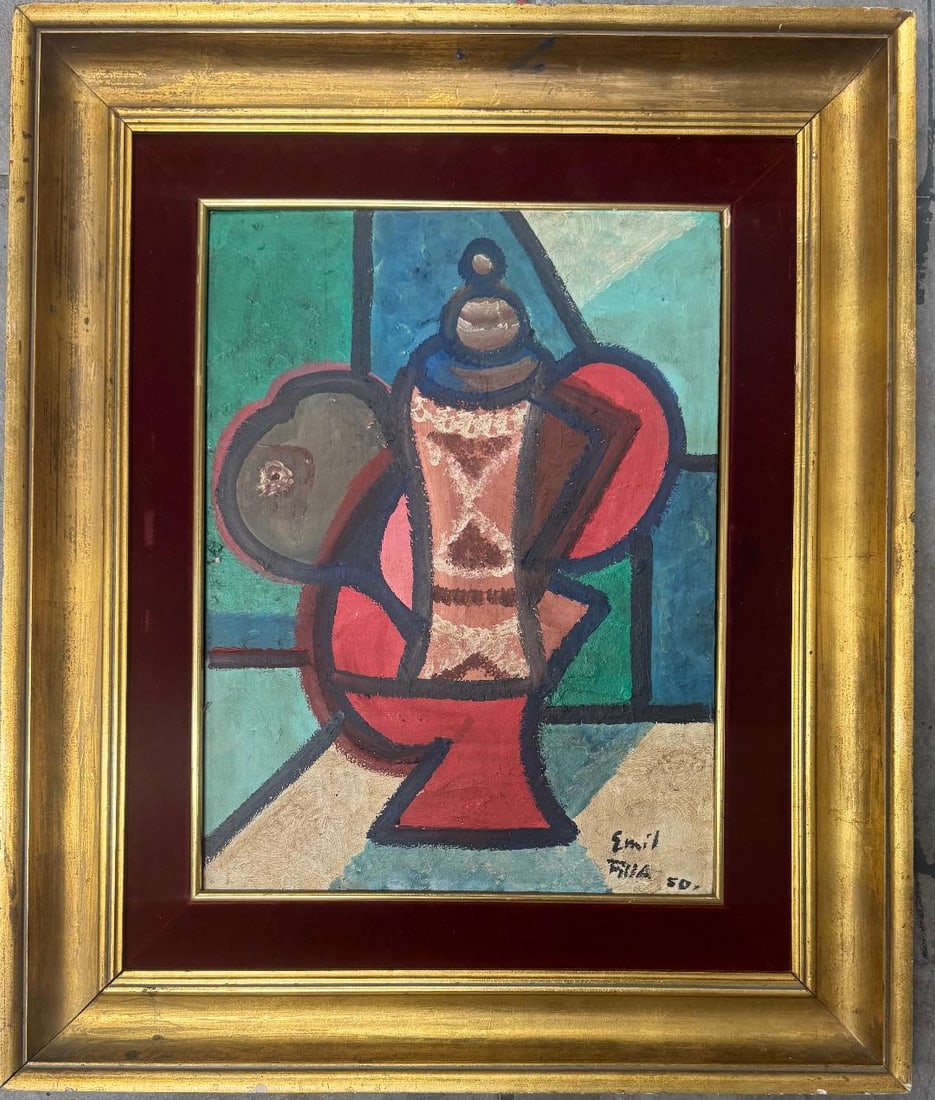 Emil Filla Attributed Oil on Canvas Art: 18" x 12" Fr: 24" x 20": No COA - Shipping In - House available -Emil Filla was a Czech painter and a leader of the avant-garde in Prague. He was an early Cubist painter, influenced by Picasso and Braque, and also a sculptor,