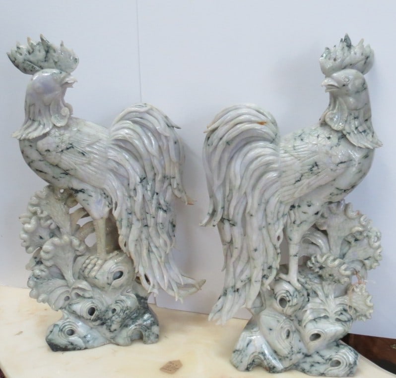 Pair of Large Lavender Jadeite Sculptures "Roosters" H: 22" W: 14" D: 6": Shipping in - House available