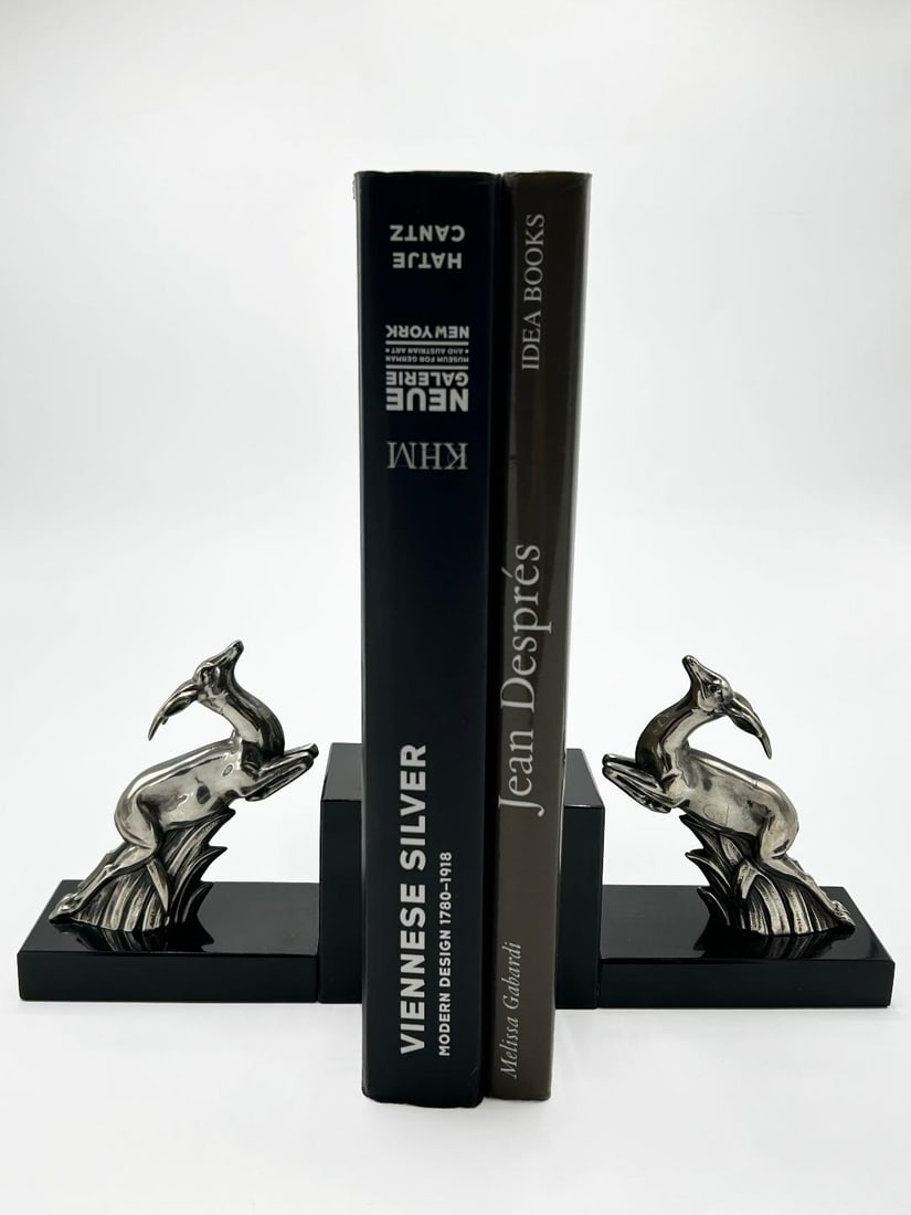Pair of Art Deco Silverplated Bronze Bookeends "Deers" H: 5.5" x W: 5" x D: 2": Shipping in - House available