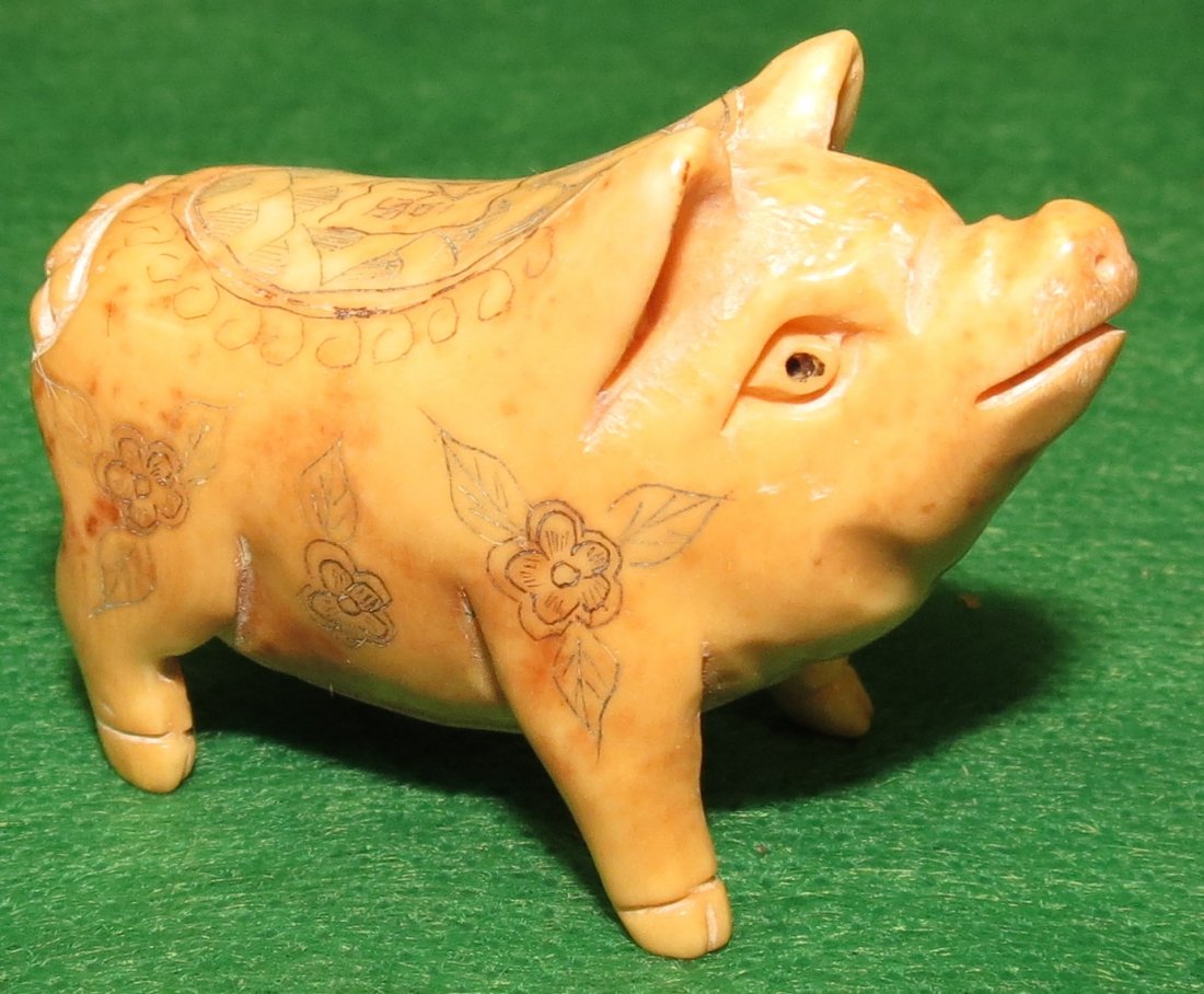 Ivory Netsuke, Pig, signed.: Est. Shipping = $10 to U.S