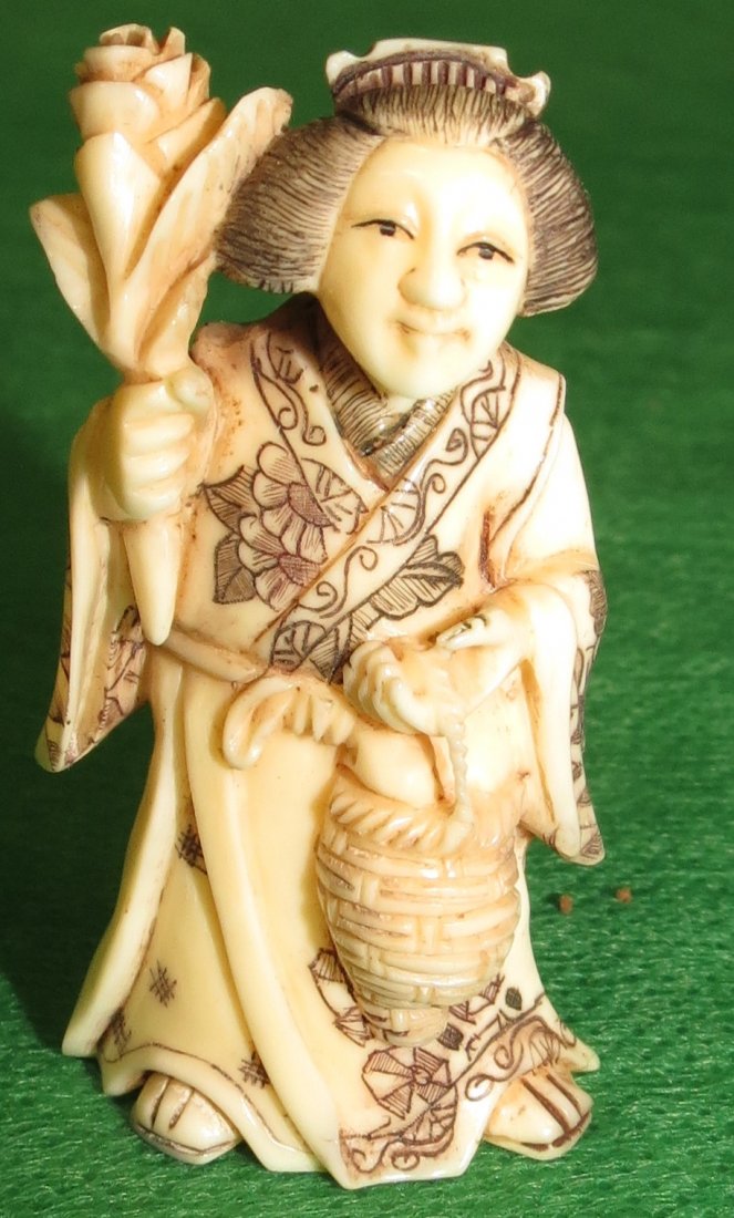 Ivory Netsuke, Lady w/basket and flowers,signed: Est. Shipping = $10 to U.S