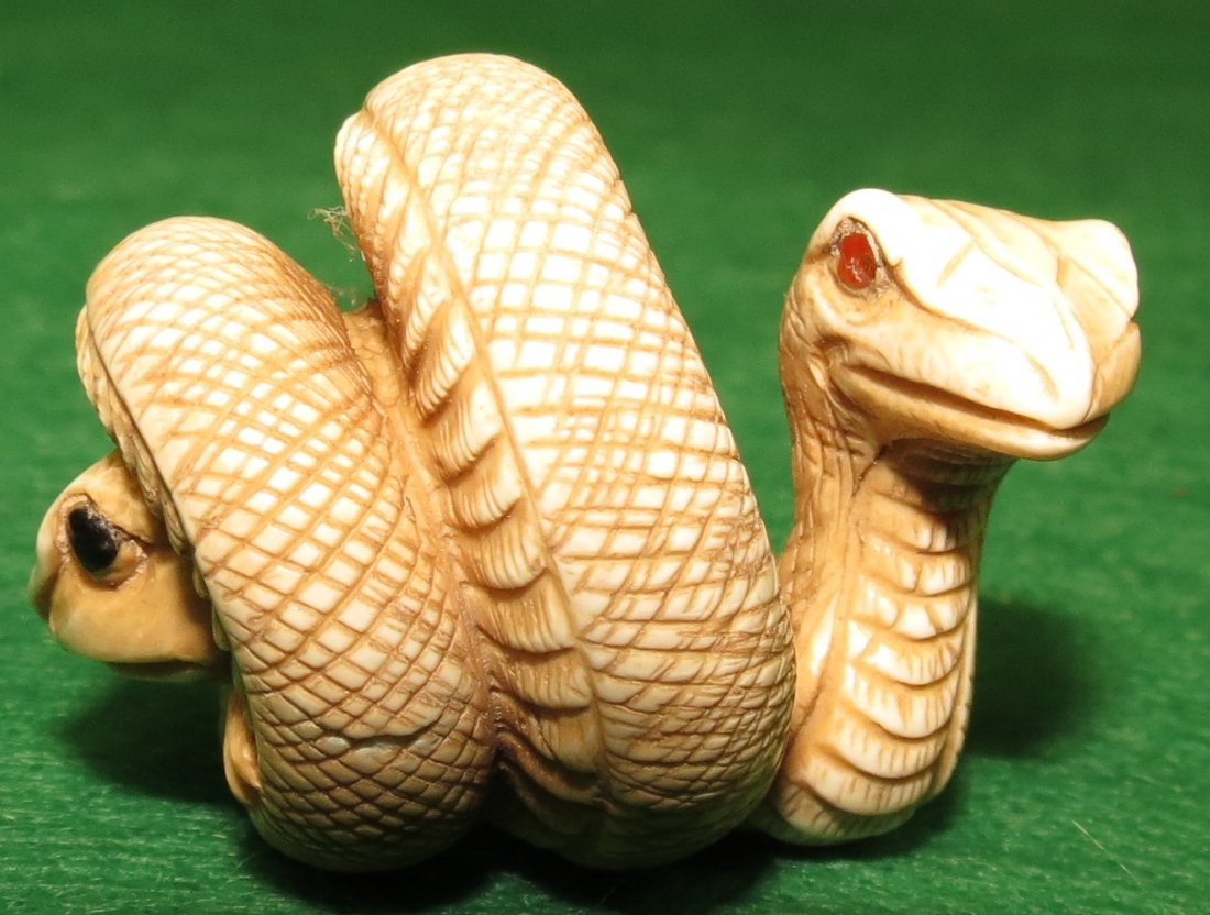 Ivory Netsuke, Two headed snake,signed.: Est. Shipping = $10 to U.S
