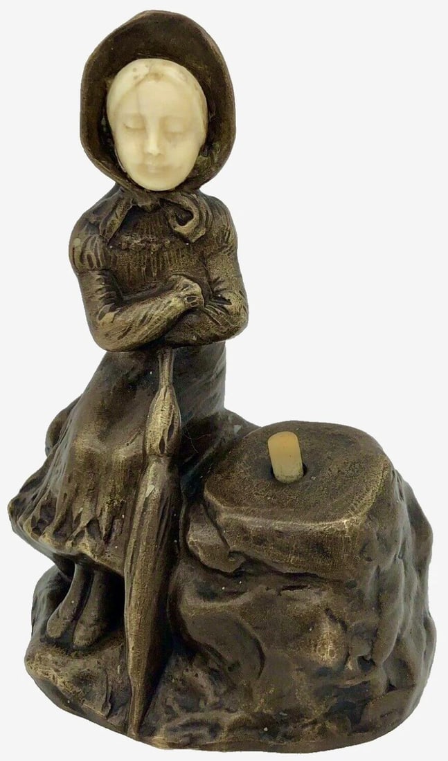 Peter Tereszczuk Antique Bronze Bell Pusher w/ sitting Girl: Shipping in - House available. Peter Tereszczuk was an Austrian-Ukrainian sculptor known for his bronze Art Nouveau figurines. His sculptures of boys and girls, often made to be paperweights, were fin