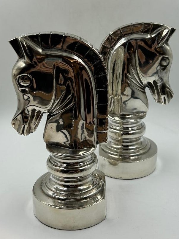 Pair of Art Deco Silverplated Bookends Figures of Horses H: 7.3": Shipping in - House available