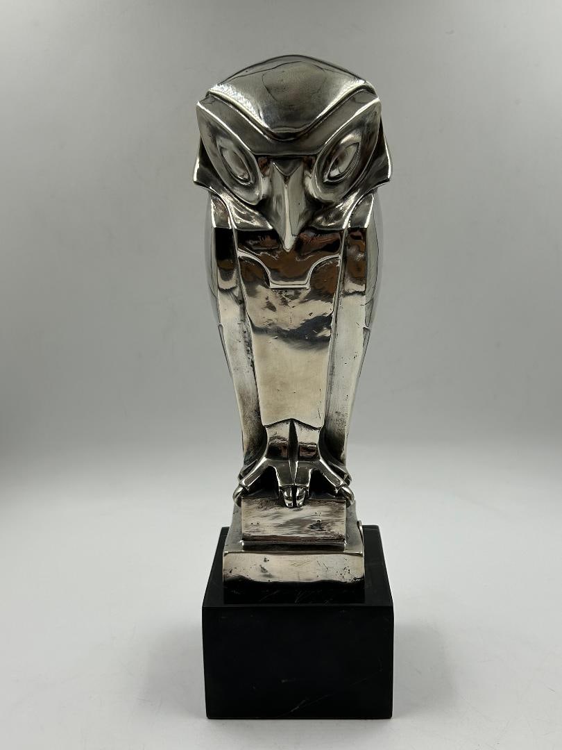 Marcel Bouraine Art Deco Silverplate Bronze Figure of Owl H: 9.6" W: 2.8": Shipping in - House available. Marcel Bouraine (1886–1948) was a French sculptor. He is known for his work in the Art Deco-era, specifically small statuettes, lamps, bookends, and radiator figures.M