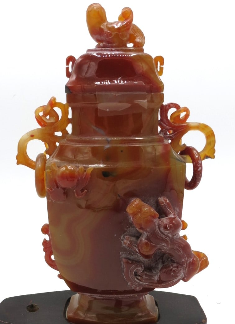 Chinese Carmelian Stone Hand Carved Vase  H: 9" W: 6" D: 4" (1 of 4)