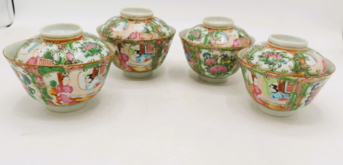 Tea Set 4 Pieces Antique Chinese Porcelain Diam: 4": Shipping In - House available -