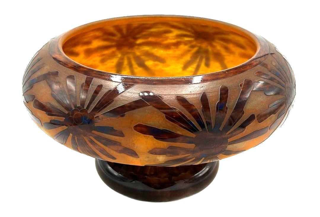 Charder Cameo Art Deco Glass Centerpiece H: 7.3" Diam: 12" France (1 of 6)