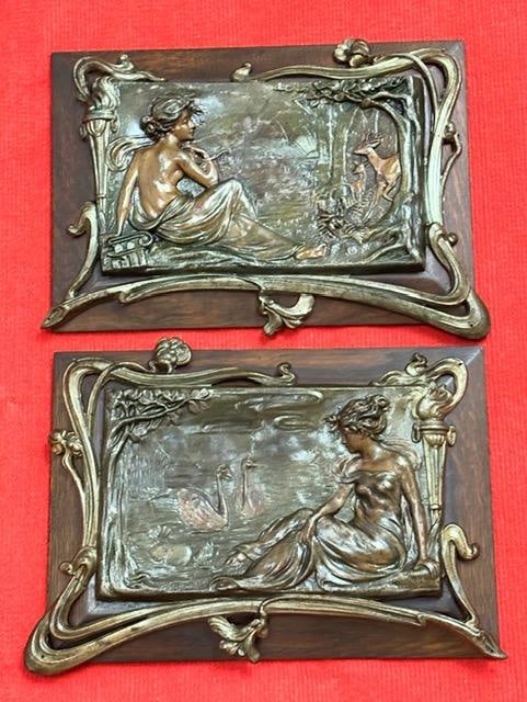 Pair of Art Nouveau Style Bronze Plaques 14" x 10" Each (1 of 3)