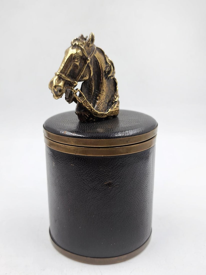Hermes Paris Art Deco Leather Box w/ Horse H: 5.8" Diam 3" France: Shipping In - House available