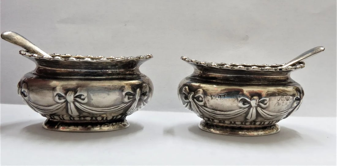 Pair of English Sterling Silver Mini Saucers W/ Crystal & Spoons H: 1.2" W: 2.2" (1 of 5)