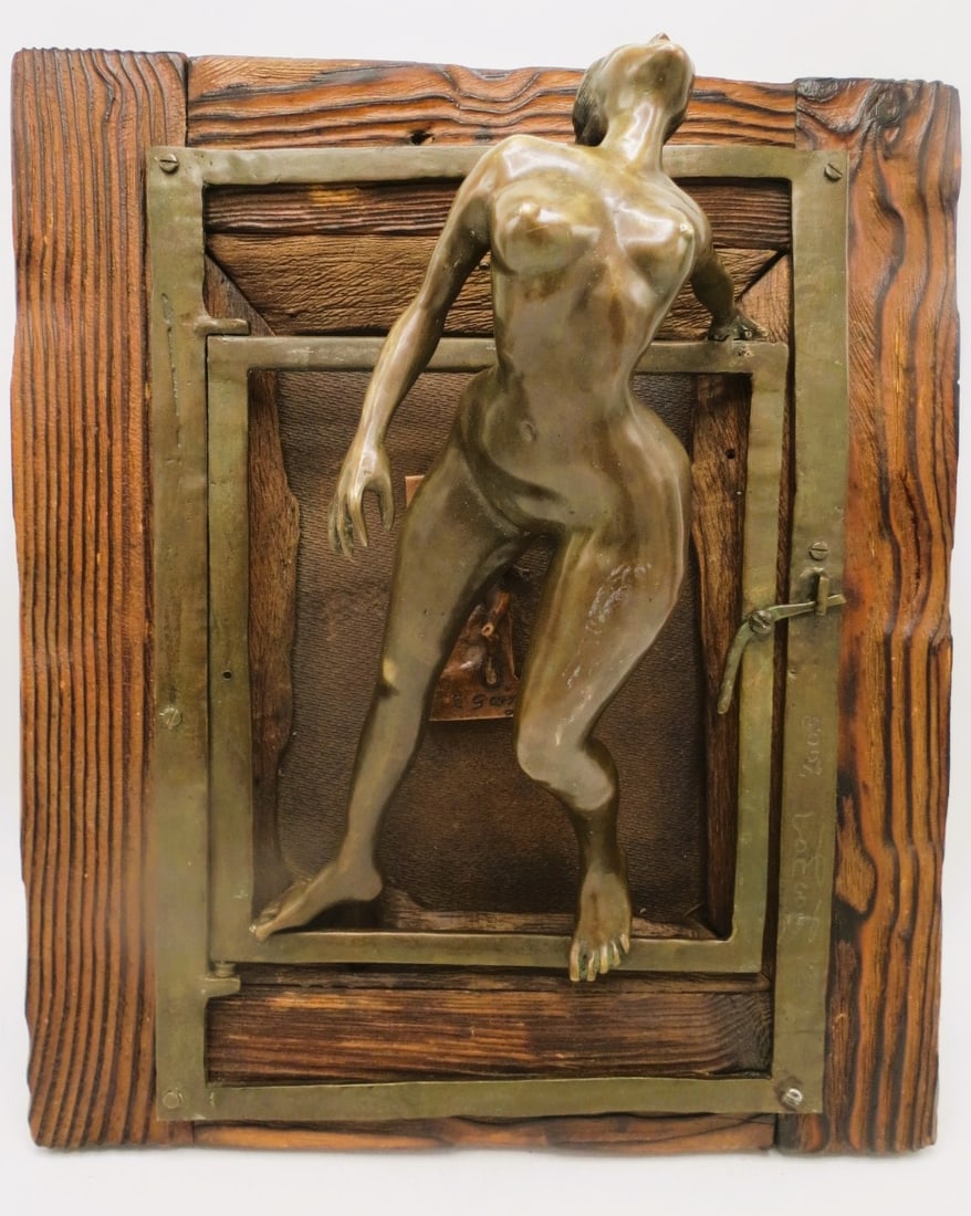 Emiro Garzon Correa Bronze Moving Sculpture w/ Certificate of Authenticity: Shipping in - House available - Emiro Garzon Correa, Colombian (20th/21st century) "The Girl Escaped by the Window" Patinated Bronze Sculpture, Signed and Dated 2003. Measures: 16" x 14" x 6". Conditi