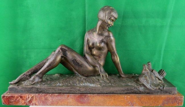 Art Deco Bronze Figure of Lady By Rene Varnier H: 10" W" 15" D: 5": Shipping in - House available