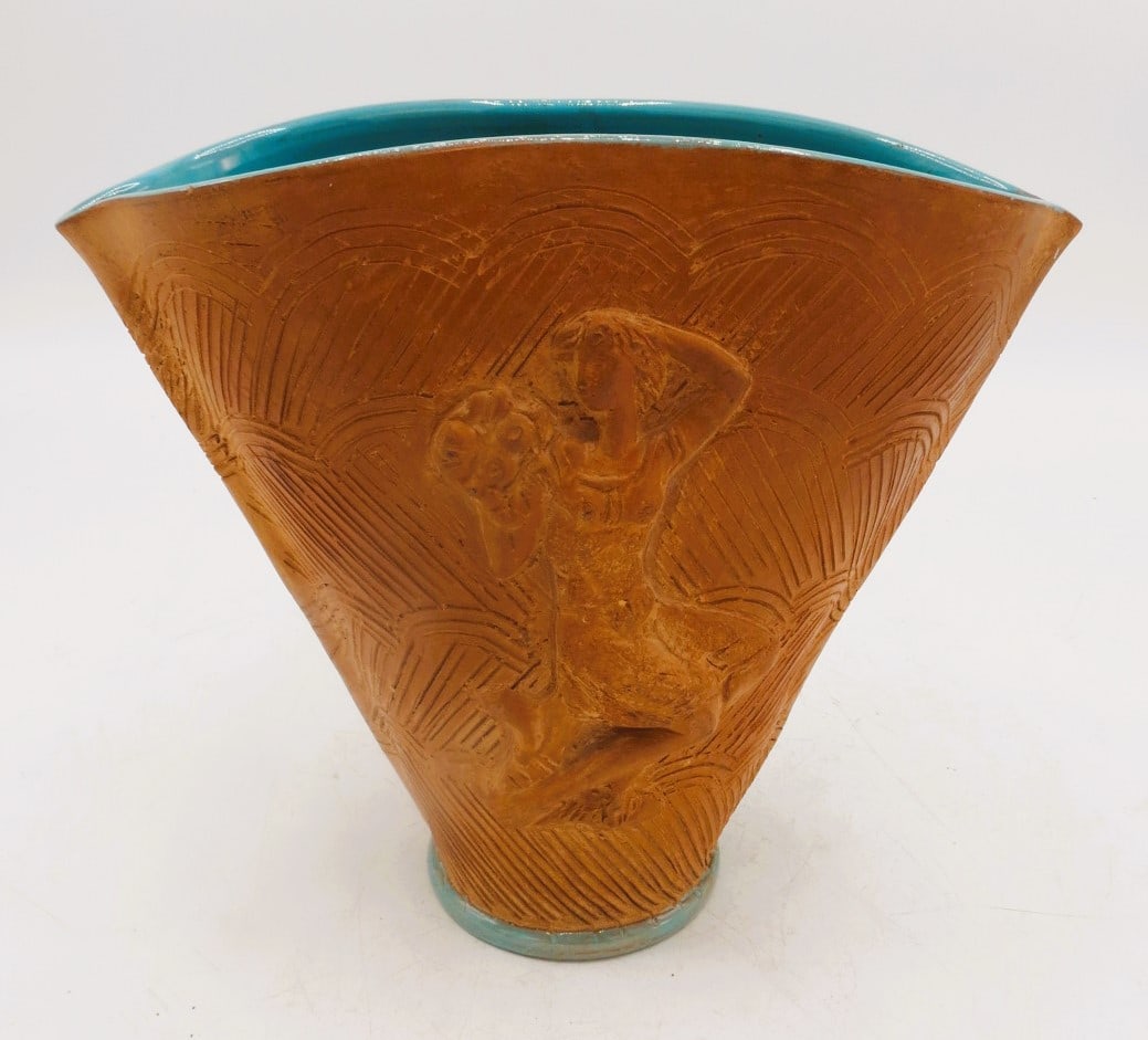 Art Nouveau Signed Ceramic Vase H: 8" W: 8" (1 of 3)