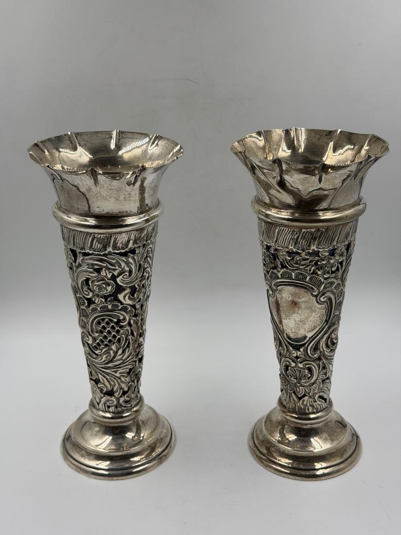 Pair of Sterling Silver Vases H: 8" England (1 of 1)