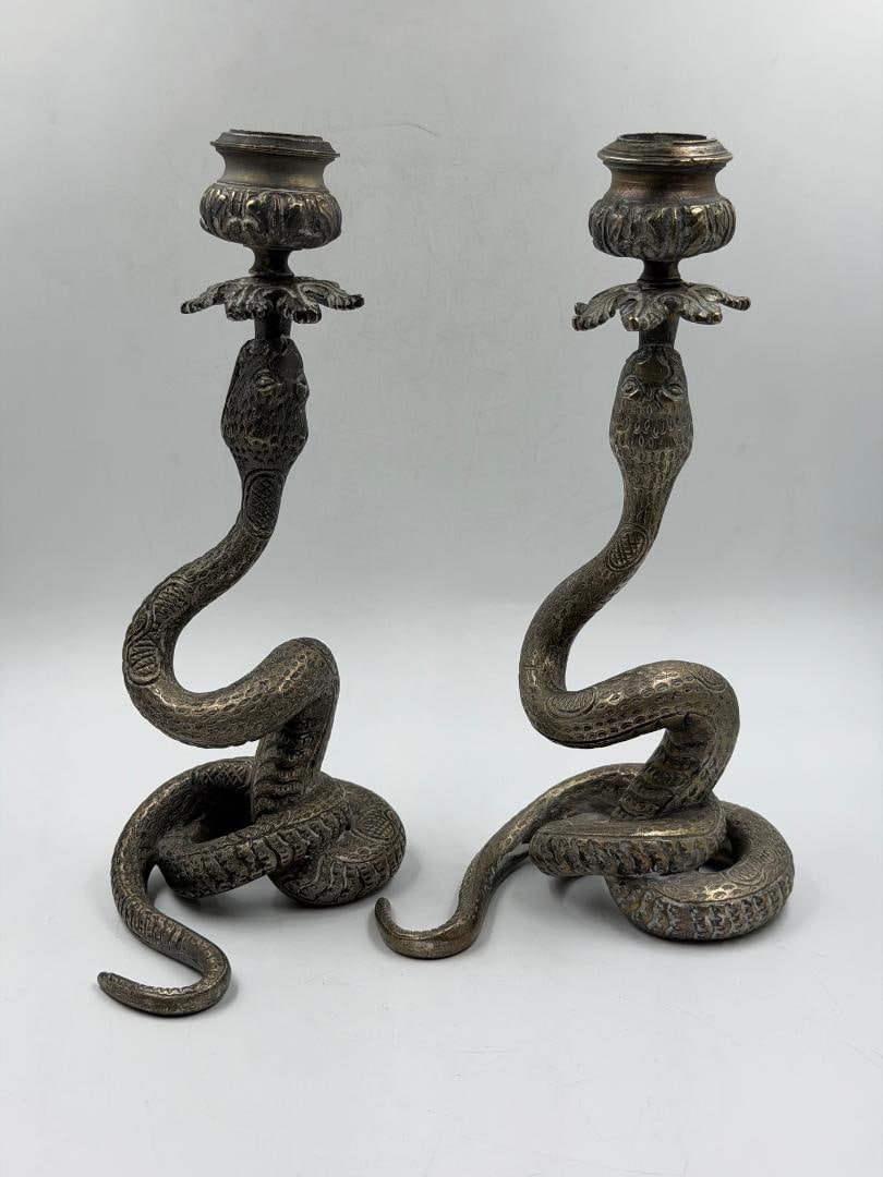 Pair of Bronze Candlesticks with Figures of Snakes H: 9" (1 of 2)