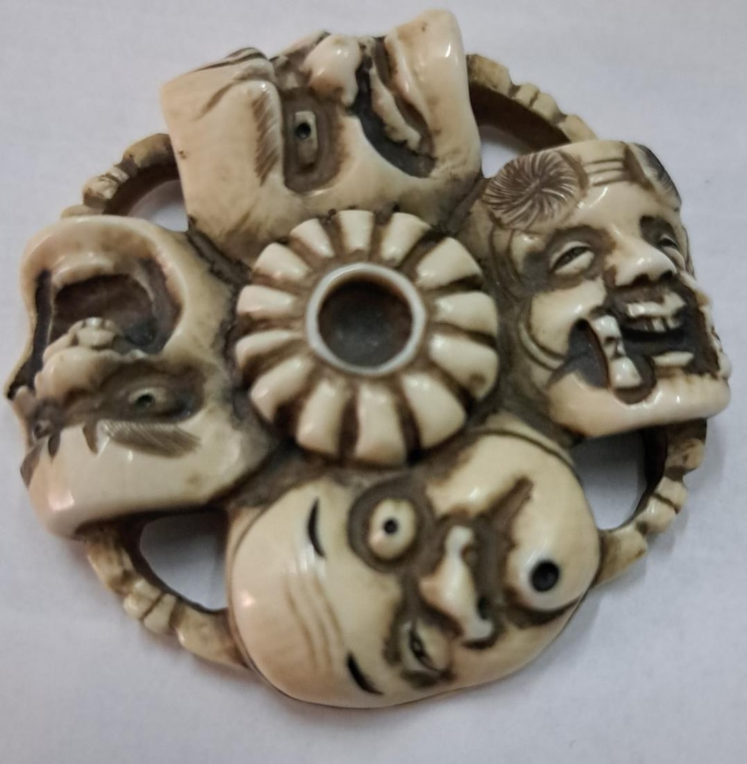 Antique Carved Japanese "Bone" Signed Ryusa Netsuke Noh Mask D: 2.4" (1 of 2)