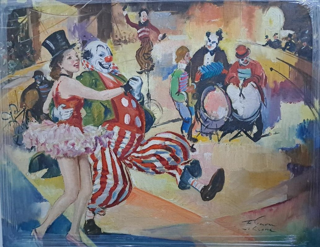 Francois Gerome Oil on Canvas "Le Cirque" 29" x 23.5": Shipping In - House available - Francois Gerome was a French painter born in Paris in 1895. He is most well-known for his paintings of women depicted at picturesque spots throughout Paris including th