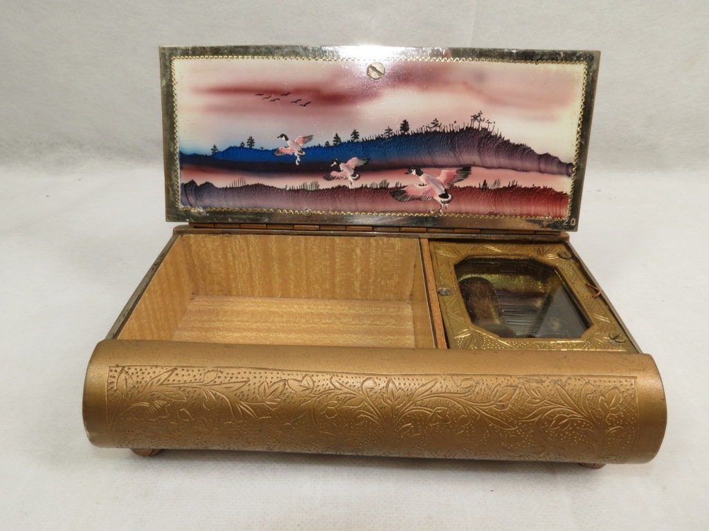 Bronze and Enamel Jewelry Music Box: 2"H - 7"W - 5"D --- Est. U.S. shipping = $ 18
