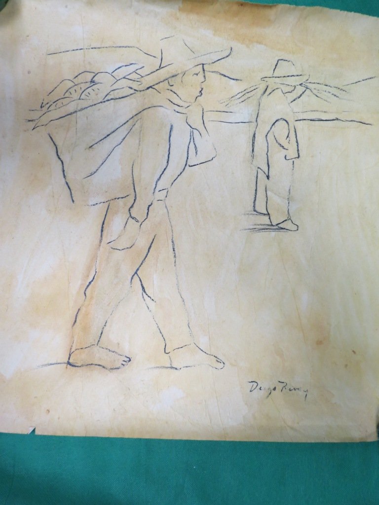 Diego Rivera Pencil on Paper, Ethnic Figures: Rough draft of a mural. No COA, 22'' x 18" unframed .Est. U.S. shipping = $ 14