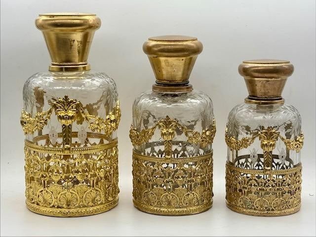 Baccarat Crystal & Bronze Set of 3 Perfume Bottles H: 7" - 6" & 5" France (1 of 4)