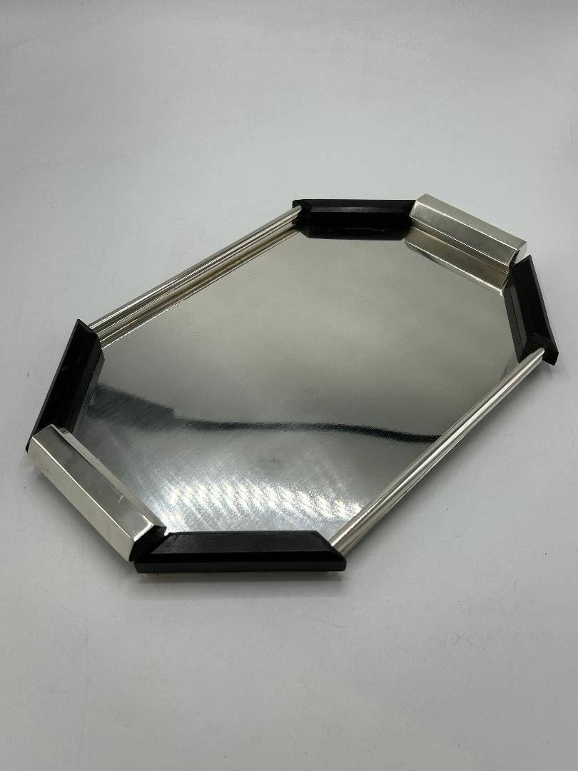 Maison Desny Art Deco Silverplated Tray 16" x 10.5" France: Shipping in - House available. French Art Deco Modernist tray by Maison Desny designed circa 1930. The firm Maison Desny is recognized for their innovative and resolutely modern objects, especially li