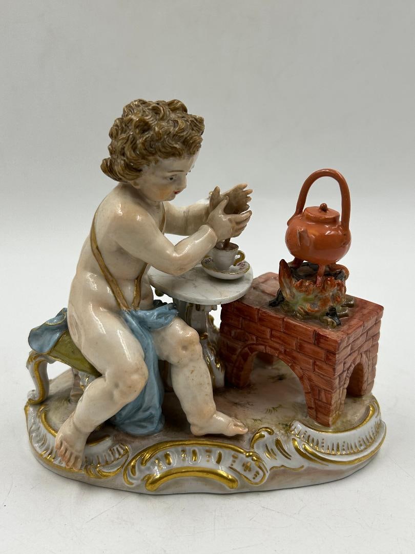 Meissen Art Nouveau Porcelain Figure H: 4.3" W: 4.3" D: 2.7": Shipping in - House available. Meissen porcelain or Meissen china was the first European hard-paste porcelain. It was developed starting in 1708 by Ehrenfried Walther von Tschirnhaus. After his death,