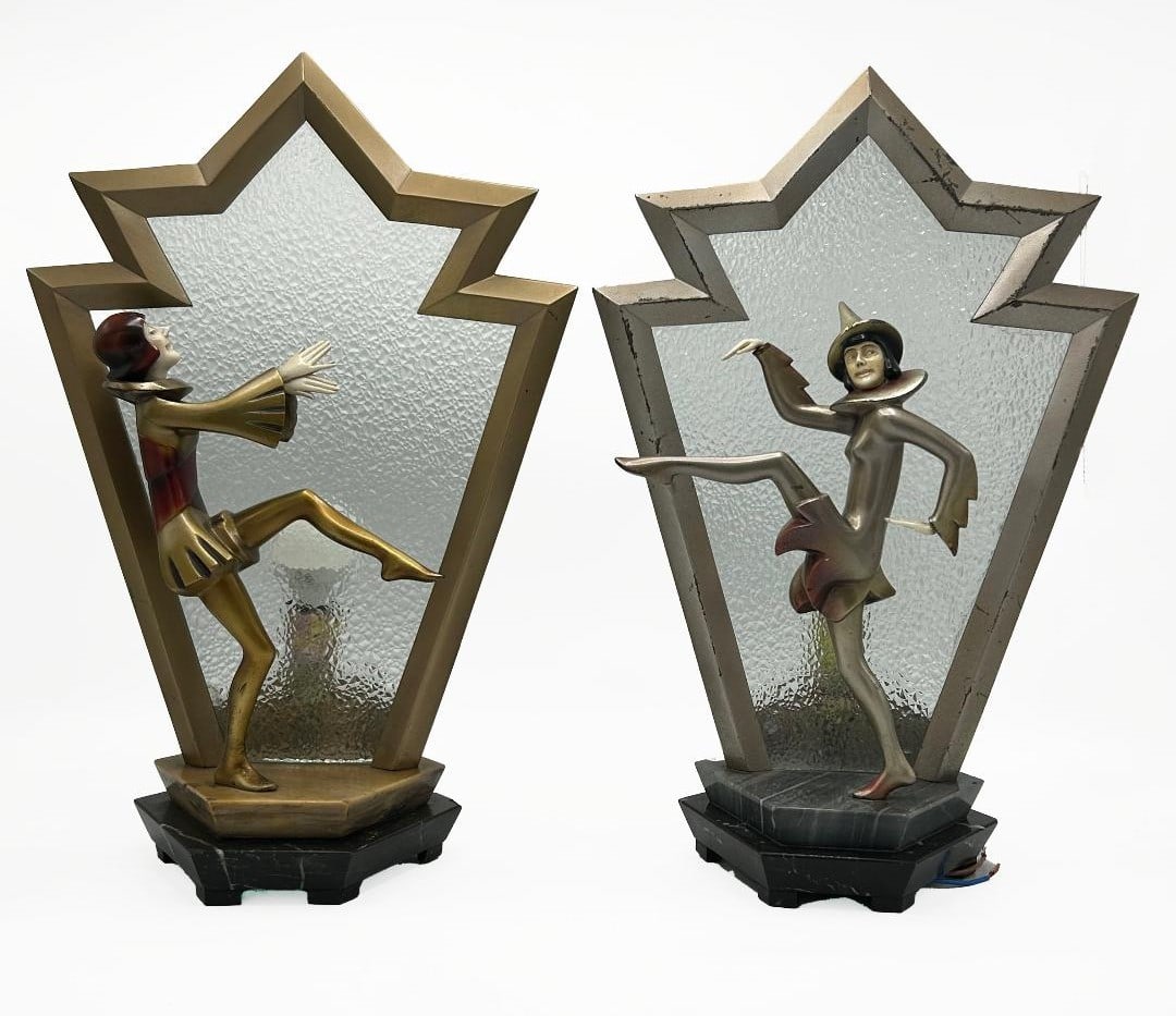 Roland Paris Pair of Art Deco Lamps H: 17" W: 11" D: 6": Shipping in - House available. Roland Paris was a German Impressionist and Modern sculptor born in 1894 in Vienna, Austria. He studied with Henry van der Velde and Gottlieb Elster at the Weimarer Kuns