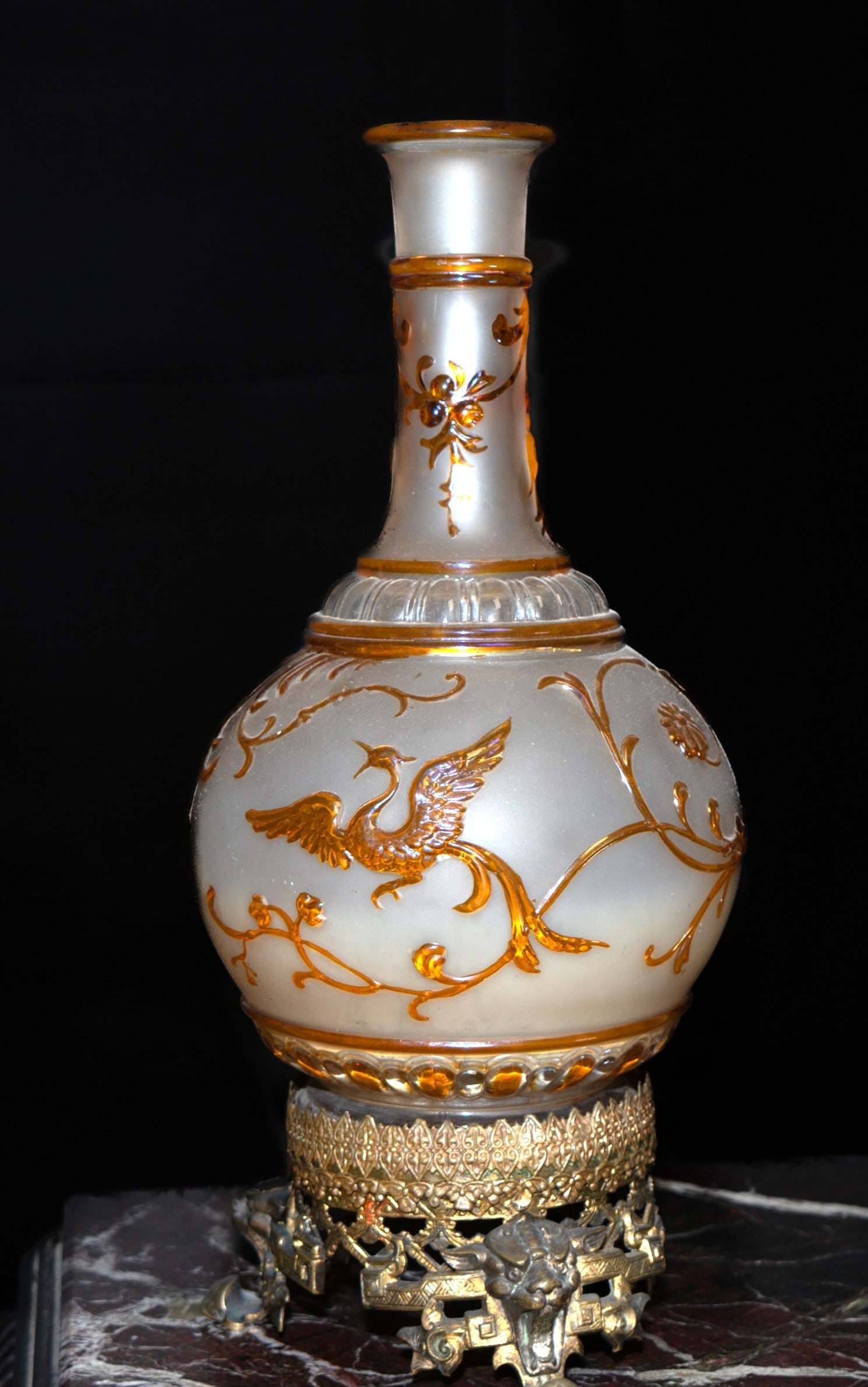 Antique European Glass Vase w/ Bronze Base H: 11.4": Shipping in - House available