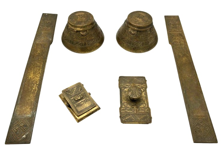 Tiffany Studios "American Indian" Desk Set, Blotter, 2 Ink Pots, Clip & Letter Holder (1 of 6)