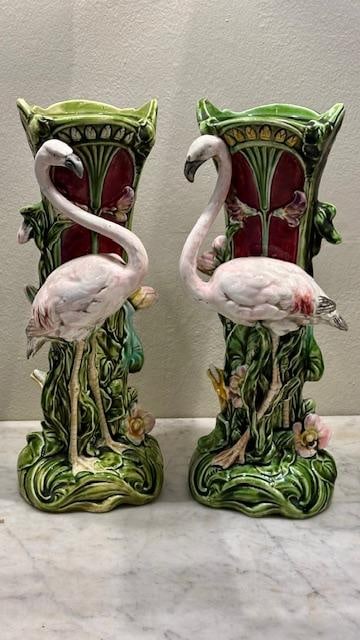 Pair of Italian Majolica Small Figural Pedestals H: 11.3": Shipping in - House available