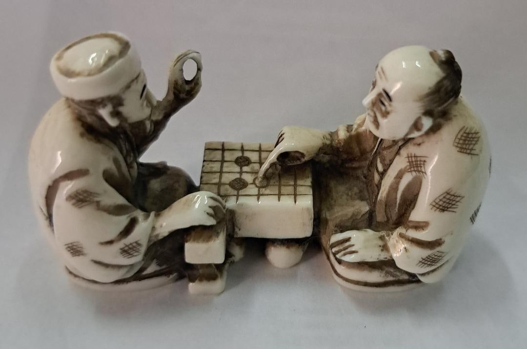 Antique Hand Carved "Bone" Japanese Signed Netsuke 2.5" x 1.5" Players (1 of 3)