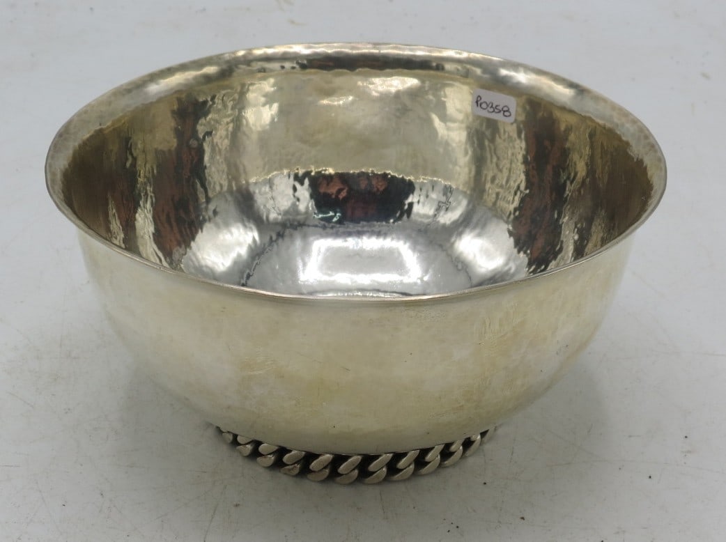 Jean Despres Silverplated Art Deco Centerpiece H: 3.5" Diam: 6" France: Shipping in - House available Jean Despres was a French jewelry maker and designer best known for his intricate Art Deco jewelry made from semi-precious stones, machine parts, and enamel. Despres' aes