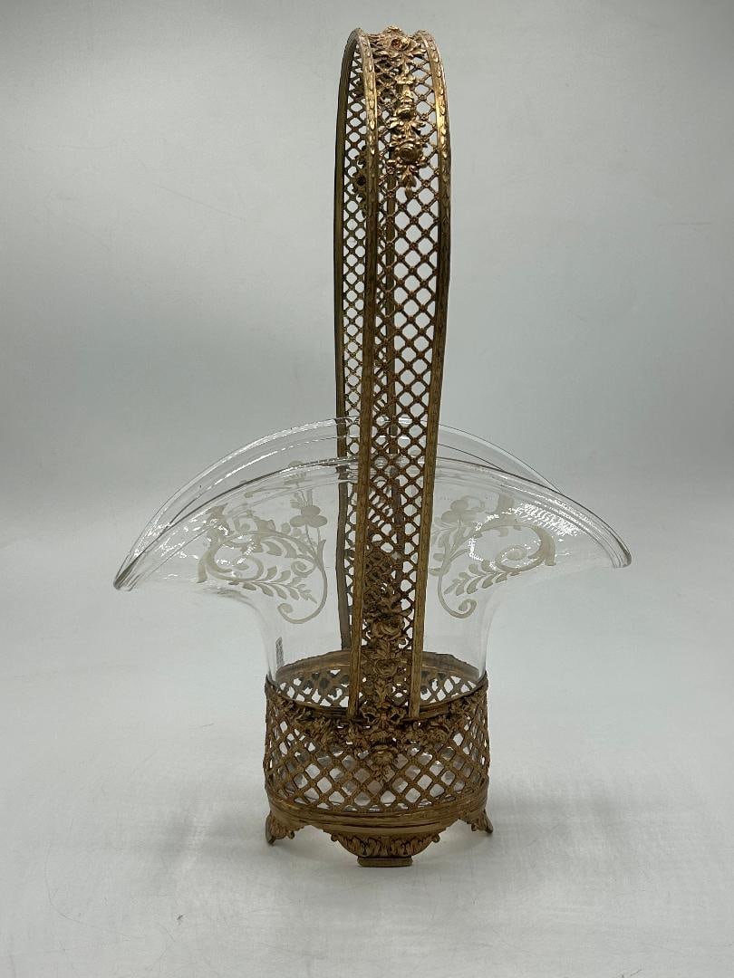 Antique Dore Bronze & Crystal Basket Centerpiece H: 15" D: 10" France: Shipping in - House available