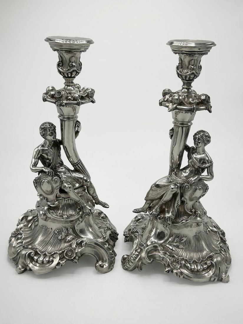 Pair of Figural Sterling Silver Candlesticks H: 15" W: 7.8" D: 7.8" W- 88oz (1 of 9)