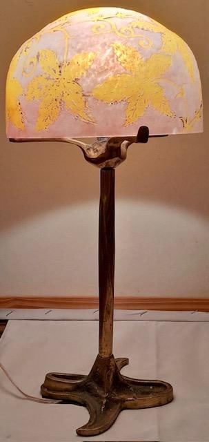 Louis Majorelle Style Table Lamp with Signed Acid Etched Shade H: 18": Shipping in - House available