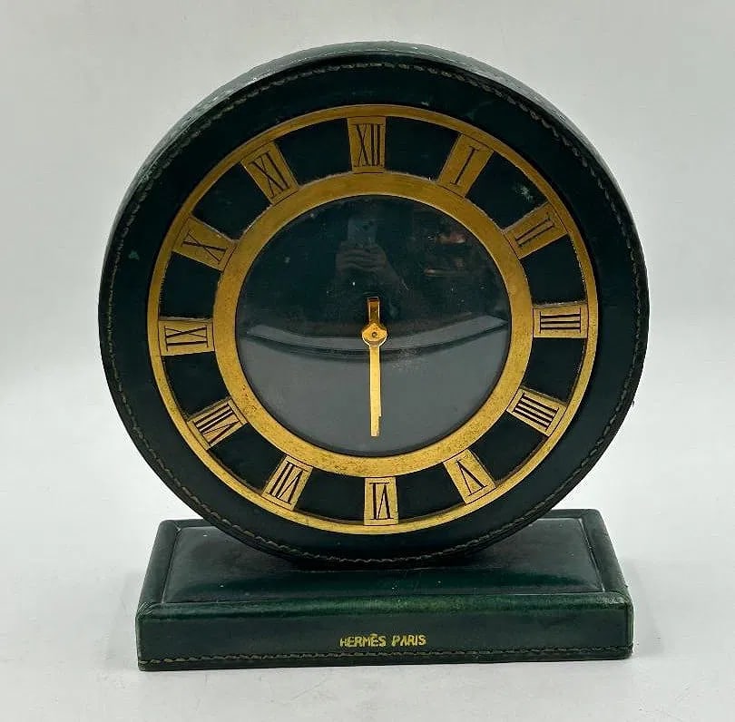 Hermes Paris Art Deco Clock with leather. H: 7" W: 6" D: 2" France: Shipping in - House available. Needs repair of movement.